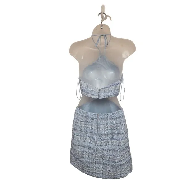 Bardot‎ Roma Plaid Cutout Halter Minidress Light Blue Sequins Sparkle Size S - Picture 3 of 6